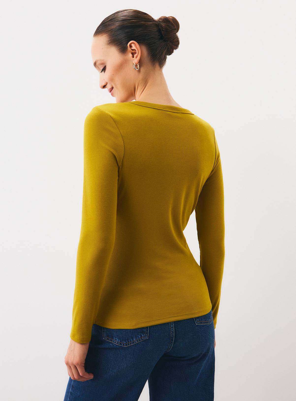 Dark Yellow Deep V-Neck Ribbed Long Sleeve Top 8 - Image 4